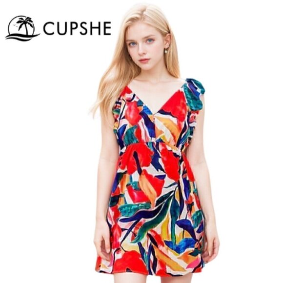 83.🆕Medium Cupshe Colorful Floral Ruffled V-Neck Mini Dress - Picture 1 of 5